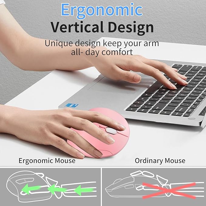 Wireless Silent Ergonomic Vertical Mouse - Dual Mode 2.4G/Bluetooth, Rechargeable Type C, Pain Relief for Office and Home Use, Compatible with Laptop & PC (Pink)