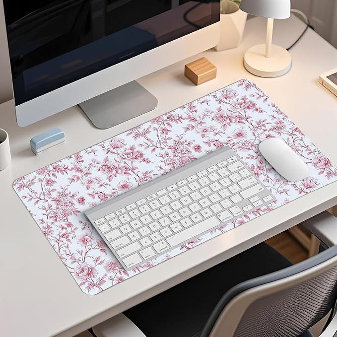 Pink Chinoiserie Mouse Pad,Vintage Pink and White Floral Desk Mat,XL Large Vintage Flowers Preppy Mouse Pad,Girly Laptop Desk Mat for Dorm Home Office,23.6x11.8 Inch