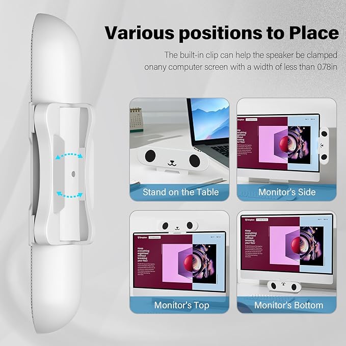 Computer Speakers for Desktop Monitor,Single Speakers for Desktop PC,Laptop Speaker with Loud Sound,Volume Control Easily Clamps to Monitors(USB-C to USB Adapter Included) (White)