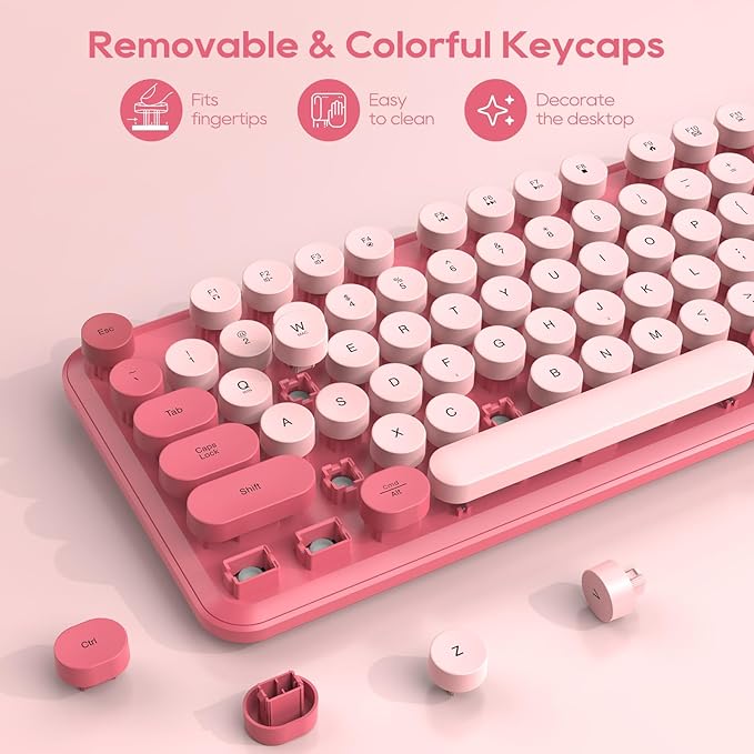 Wireless Keyboard and Mouse Combo, Cute Hot Pink Full-Size Retro Typewriter Keyboard with Round Keycaps, Magnetic Wrist Rest, Tilt Legs, 2.4GHz Cordless for Mac, Windows PC, Laptop, SABLUTE CK23