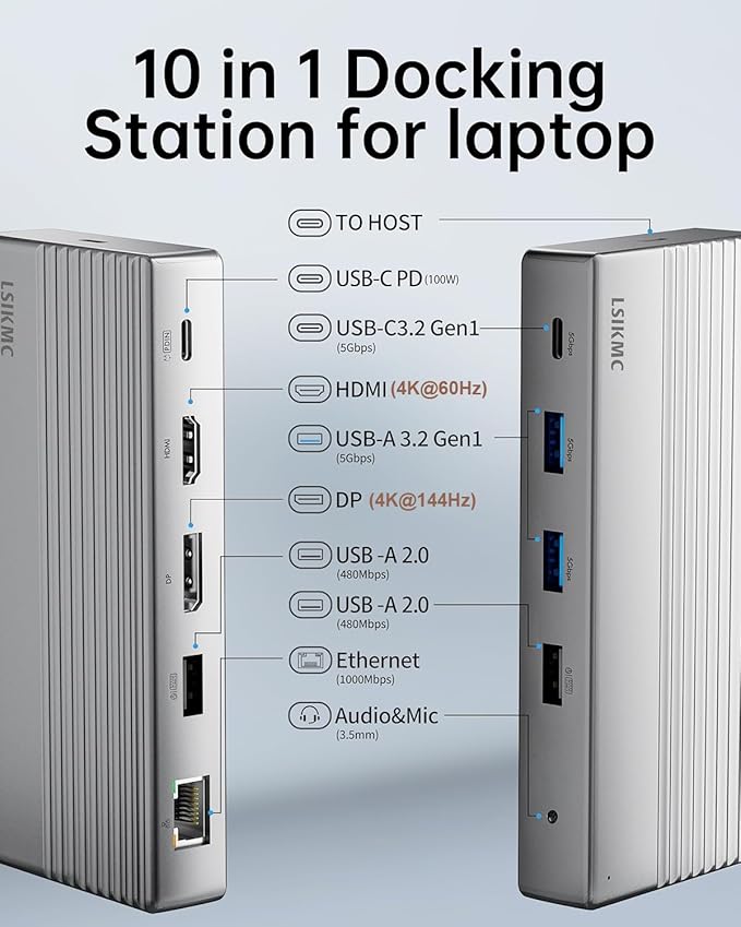 Dual Monitor Docking Station 4K@60Hz, USB C Laptop Docking Station with HDMI 4K, DP(4K@144Hz), 87W PD, Ethernet, 4USB/3.5Audio,usbc hub for HP/Dell/Lenovo Laptops