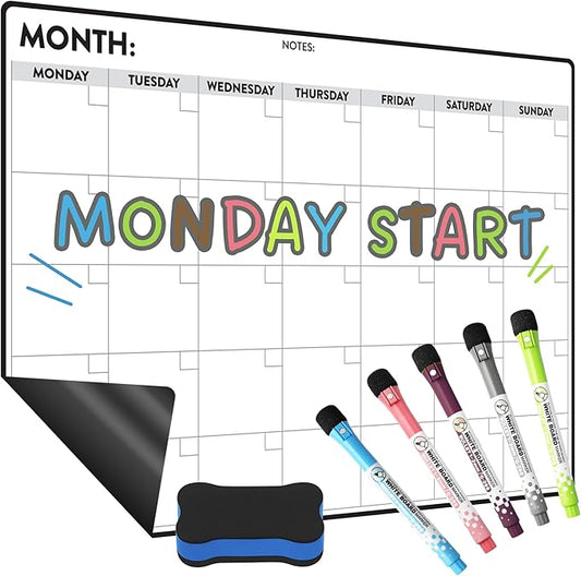 Monthly Magnetic Dry Erase Calendar for Refrigerator – Monday Start Calendar Magnet 17 x 12” | Whiteboard Calendar for Fridge | Include 5 Markers & Eraser - Freedom Mastery