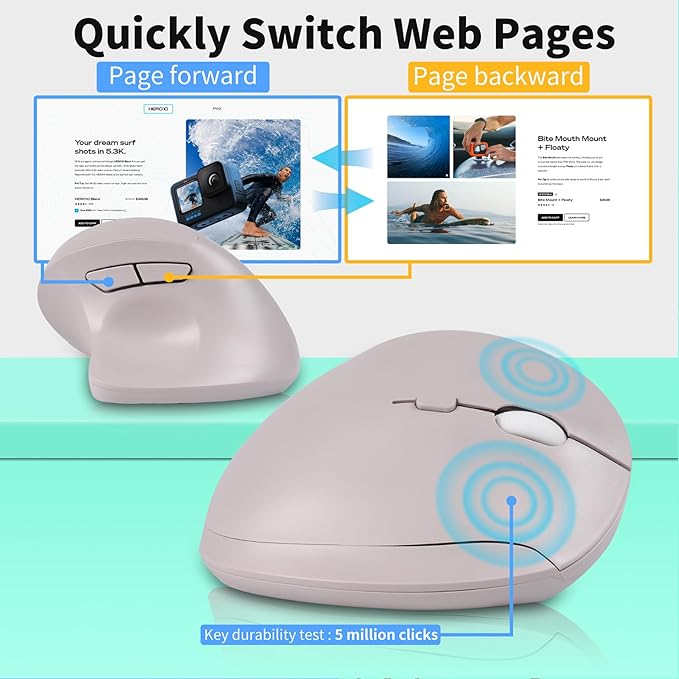 Wireless Silent Ergonomic Vertical Mouse - Dual Mode 2.4G/Bluetooth, Rechargeable Type C, Pain Relief for Office and Home Use, Compatible with Laptop & PC (Gray)