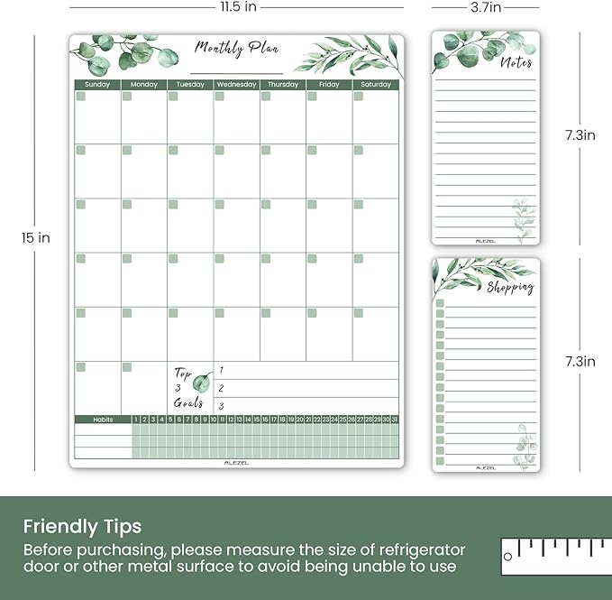 Magnetic Dry Erase Calendar for Fridge, Greenery Monthly Fridge Calendar Whiteboard Set - Vertical Monthly Calendar for Refrigerator, Grocery & to Do List White Board, 3 Markers + Eraser