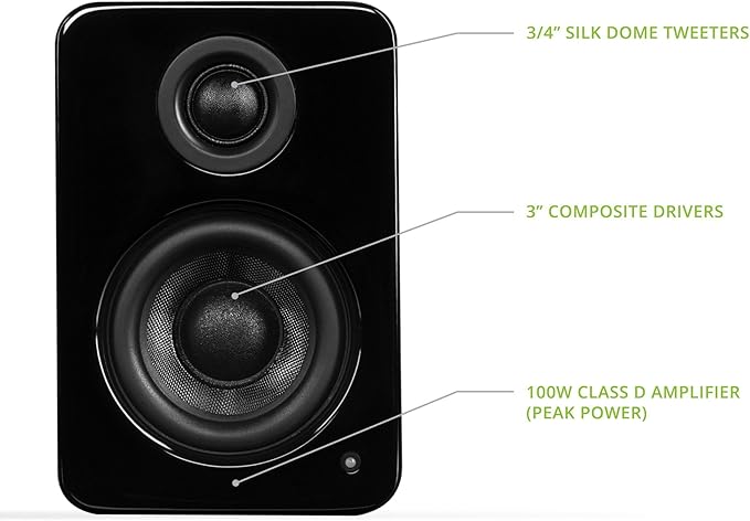 Kanto YU2GB PC Gaming Desktop Speakers | 3" Composite Drivers | 3/4" Silk Dome Tweeter | Class D Amplifier | 100 Watts | Built-in USB DAC | Subwoofer Output | Pair | Gloss Black