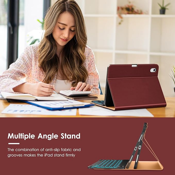 VIKESI Keyboard Case for iPad (A16,2025) 11th Generation/iPad 10th Generation Case (10.9" 2022),Premium Leather Smart Cover,Built-in Breathing Light,Function Row,Pencil Holder,Card Slots - Wine Red