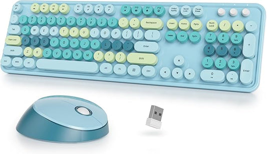 Colorful Blue Keyboard and Mouse Combo Wireless, 2.4G Full Size 104-Key Retro Typewriter Keyboards Round Keys for Students Teenagers Home Office PC Laptop(Colorful Blue)
