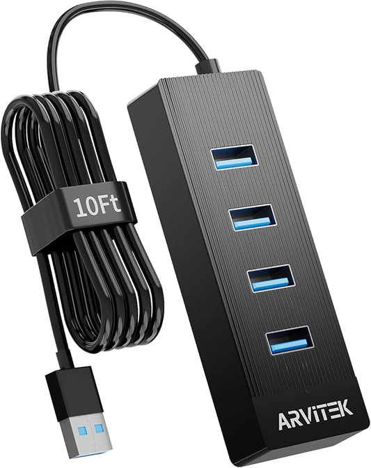 10Ft 4-Port USB 3.0 Hub for Desktop, USB Extender Hub 5Gbps, USB Multiport Adapter, USB Splitter w/Long Cable for Desktop, PC, Flash Drive, Mobile HDD (10Ft/3m)