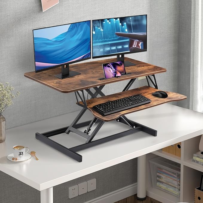 38-Inch Height Adjustable Standing Desk Converter, Duals Monitor & Laptop Riser with Wide Keyboard Tray, Sit to Stand Ergonomic Workstation for Home Office, School, Business, Tiger Brown