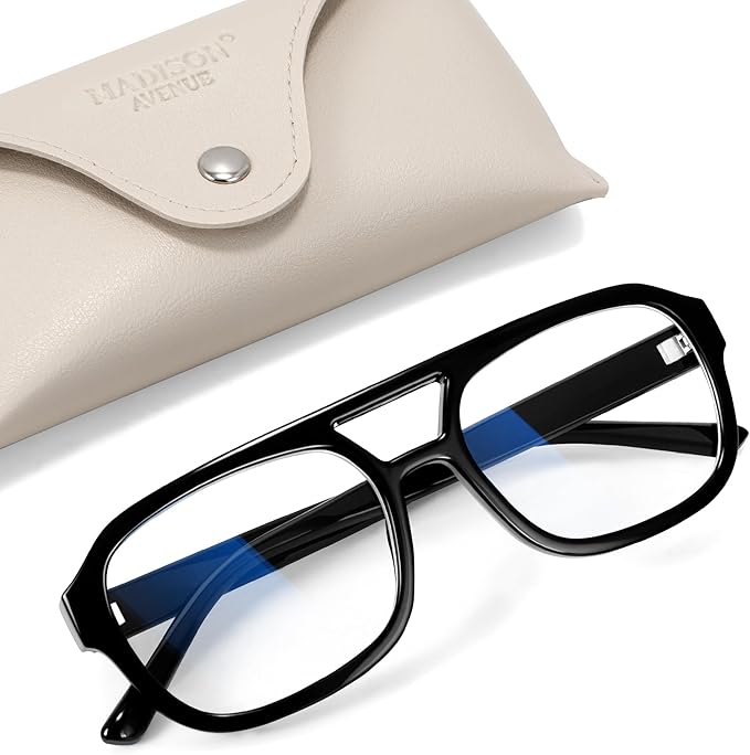 Madison Avenue Retro Aviator Blue Light Blocking Glasses for Women Men with Case, Trendy Rectangle Computer Eyeglasses