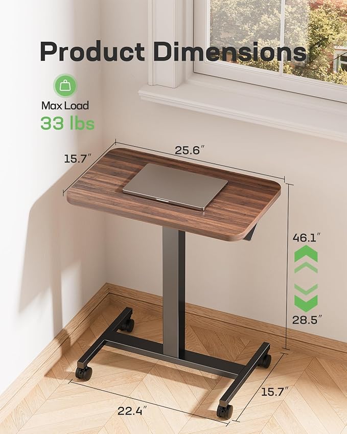 Marsail Mobile Standing Desk, Wider Height Adjustable Computer Desk, Rolling Sit Stand Desk with 4 Lockable Wheels, Desk for Home Office and Classroom, Walnut