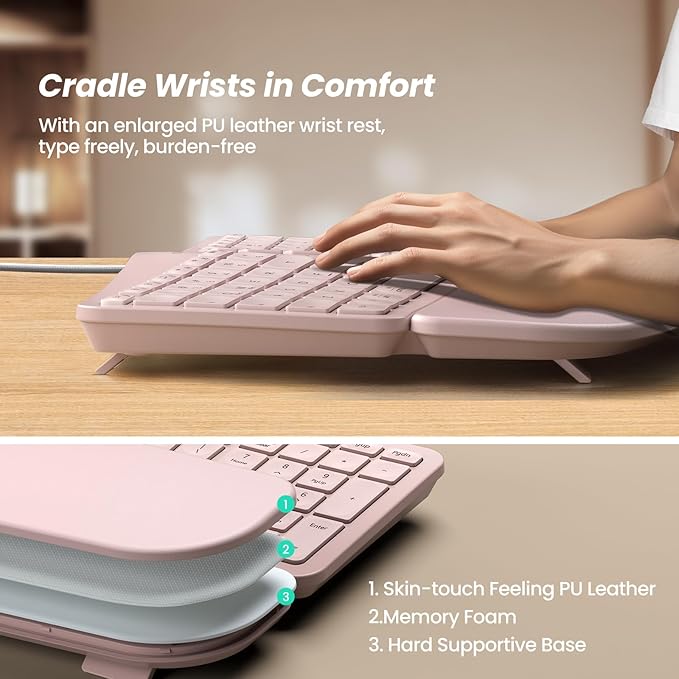 Nulea RT05C Wired Ergonomic Keyboard, Split Keyboard with Cushioned Wrist Rest, Adjustable Tilt Legs, Plug and Play, USB Corded, Compatible with Windows/Mac (Pink)