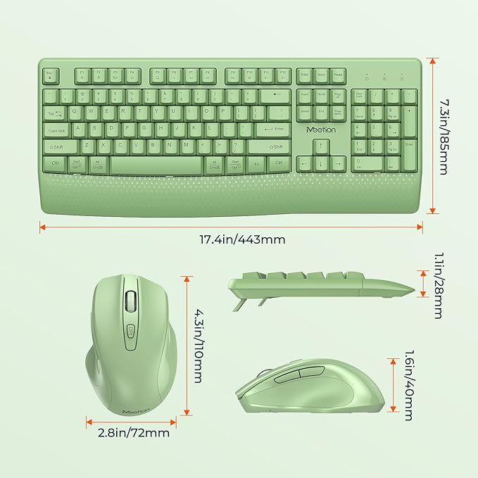 MEETION Wireless Keyboard and Mouse, Full-Sized Cordless Keyboard with Wrist Rest and 3 DPI Adjustable Mouse, 2.4G Wireless, Compatible with PC/Computer/Laptop/Windows/Mac, Green