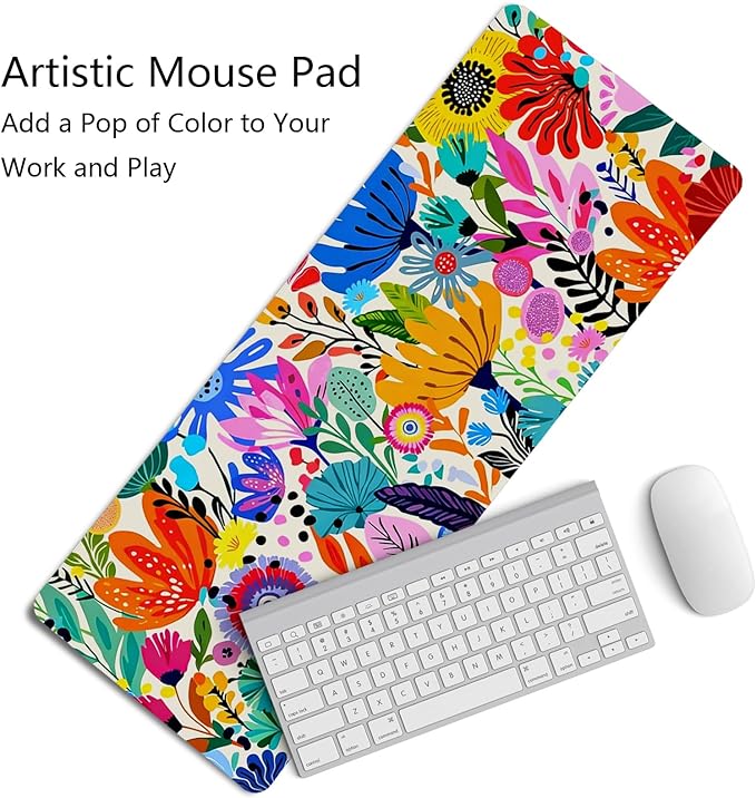 Boho Colorful Botanical Wildflower Mouse Pad,XL Large Floral Aesthetic Bright Maximalist Desk Mat,Folk Art Botanical Flower Mousepad for Home Office Dorm Desktop Decor,31.5x11.8 Inch