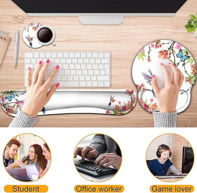 Keyboard Wrist Rest and Mouse Pad with Wrist Support, Ergonomic Gel Mouse Pad Coaster, Comfortable Lightweight for Easy Typing Pain Relief, Memory Foam Keyboard Mousepad Set,Hummingbird Flower
