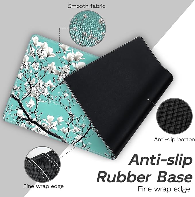 Gaming Mouse Pad Set Turquoise White Cherry Large Desk Mat Mousepad, Keyboard Wrist Support, Mouse Wrist Rest, Coaster 4in1 Ergonomic Memory Foam, Non-Slip Stitched Edge for Home Office