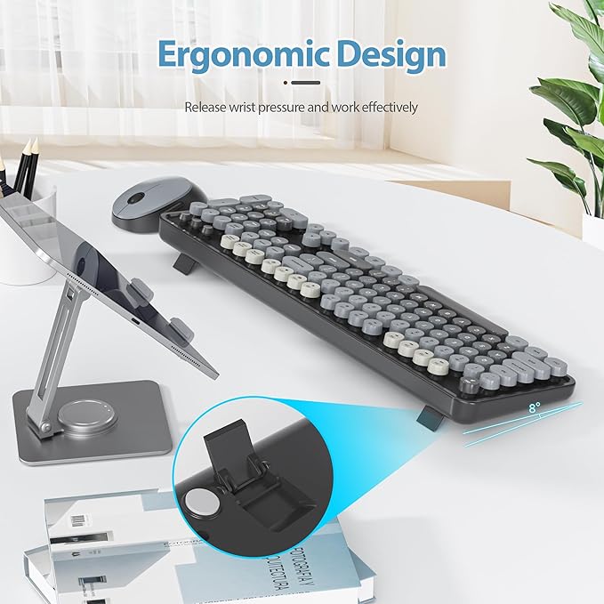 Black Keyboard and Mouse Combo Wireless, 2.4G Full Size 104-Key Retro Typewriter Keyboards Round Keys for Students Teenagers Home Office PC Laptop(Black Gray)