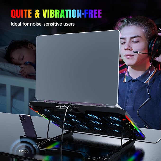 Laptop Cooling Pad with 12 Quiet Fans, Slim Portable for 12-17.3 Inch Laptop Cooler Stand, RGB Lighting, with 5 Height Adjustable, Gaming Cooling Fan Pad, USB/Type-C & Phone Holder (LCD)