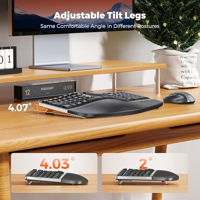 MEETION Ergonomic Wireless Keyboard and Mouse Combo, 2.4G Curved Compact Keyboard with Cushioned Palm Rest, 4 Level DPIs Adjustable Wireless Mouse, for Windows/Mac/Desktop/Laptop/PC, Gray Black