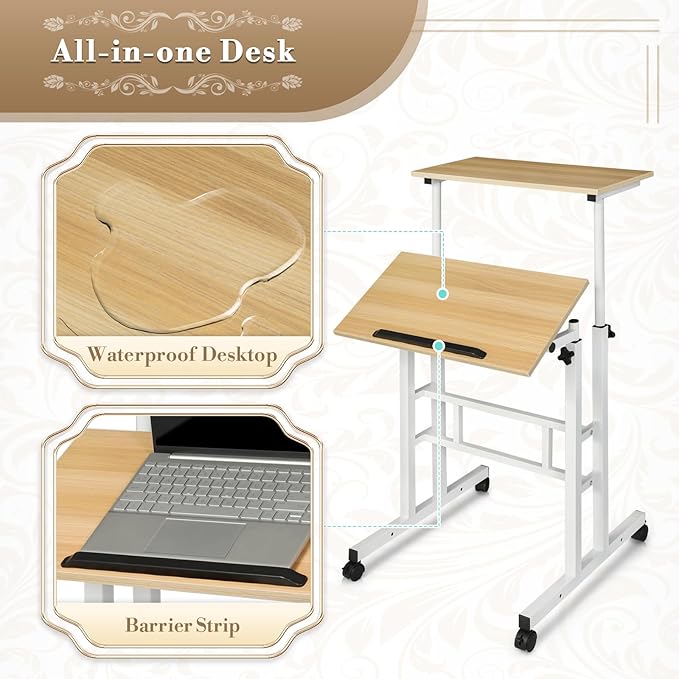 Athena Collection Height Adjustable Rolling Desk Mobile Portable Laptop Stand Cart Small Sit Standing Desk Computer Table Workstation for Home Office, Natural