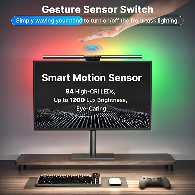 Syrinx Computer Monitor Light Bar with Backlight for Home Office, Eye-Caring USB LED Reading Lamp, Dimmable Screen Monitor Lamp, Smart Motion Sensor, Touch Control, CRI 95+, No Screen Glare for (RGB)