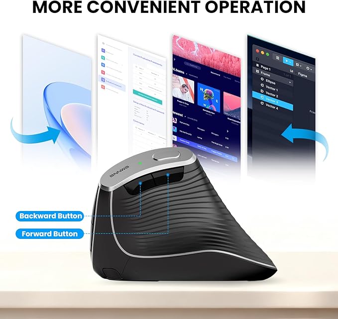 Wireless Vertical Ergonomic Optical Mouse 2.4G Bluetooth Wireless Vertical Mouse 4 Adjustable 1000/1600 / 2400/3200 DPI Wireless Mouse Compatible with Windows, Mac OS, Laptop, PC- Black