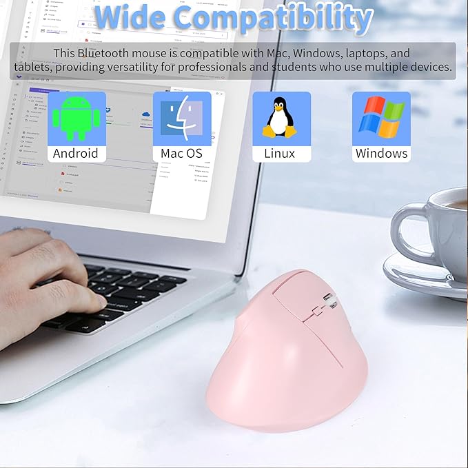 Bluetooth Wireless Vertical Mouse - Ergonomic Design, Rechargeable with Type-C, Silent Operation for Office and Home Use, Ideal for Professionals & Students (Pink)
