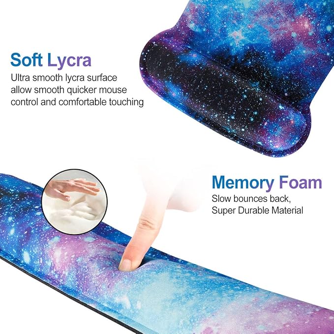 ToLuLu Keyboard Wrist Rest Pad Ergonomic Mouse Pad Set, Cute Gel Mouse Pad for Computer Laptop, Non Slip Mousepad Keyboard Wrist Support Raised Memory Foam for Easy Typing Pain Relief, Nebula Galaxy