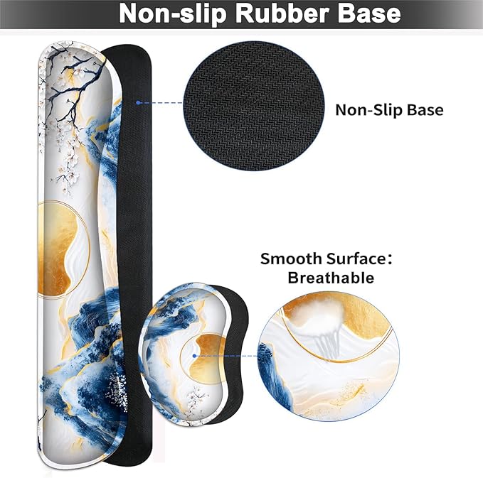 Large Mouse pad and Keyboard Support Set, Ergonomic Memory Foam Keyboard Wrist Rest, Extended Gaming Mouse Pad with Stitched Edges, Porcelain Sakura Bloom Art XXL Desk Mat (31.5 X 11.8 in)