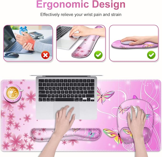 Mouse Pad with Wrist Support 4 in1 Set, XXL Big Game Mousepad + Keyboard Wrist Rest + Mouse Wrist Rest Pad +Coaster Gaming Mat for Work Study Home Office I Gradient Pink Butterfly Flower