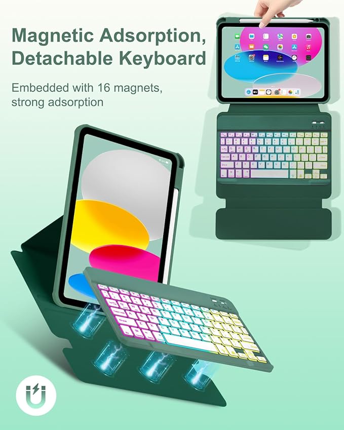 Case with Keyboard Mouse for iPad A16 11th 10th Generation 11/10.9 inch,Rainbow Backlit Detachable Keypad Rotatable Magnetic Cover with Pencil Holder for iPad 11 2025 10 Gen 2022 Dark Green