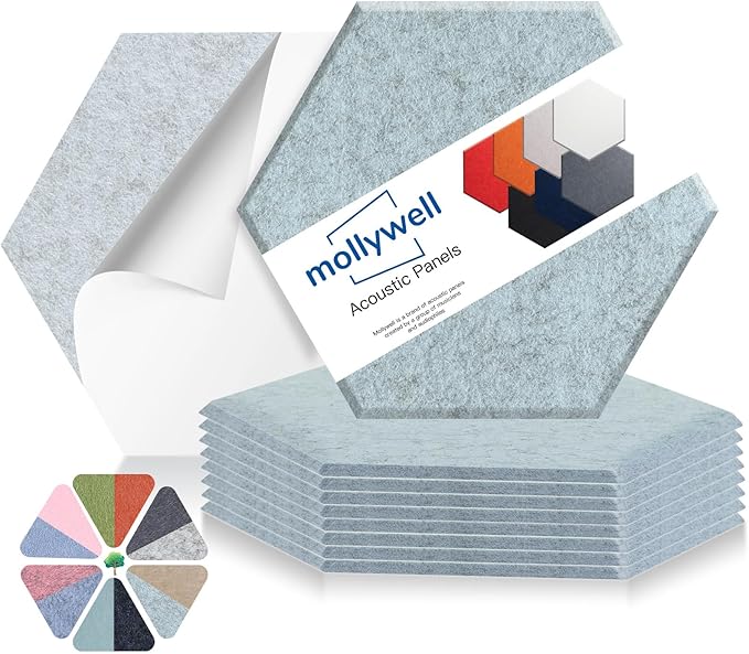 Mollywell Hexagon Acoustic Panels 14x12 - Reduce Echo & Reverb, Noise Blocking Wall Tiles for Bedroom & Studio, Smoky Blue Sound Absorbing Panels