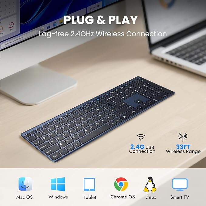 Wireless Keyboard-2.4G Ultra Slim Quiet Full Size USB PC Computer Keyboard,19 Multimedia Keys,Number Pad,Plug&Play,Lag-Free Ergo,Long Battery life for Desktop,Laptop,Smart TV,MAC,Windows,QWERTY