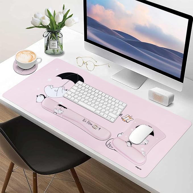 MEGREZ 4-in-1 Ergonomic Memory Foam Wrist Rest Set, Desk Pad, Mouse Pad with Wrist Rest, Keyboard Pad, Suitable for Office Workers, Programmers & Gamers–Relieve Typing & Gaming Fatigue, Pink