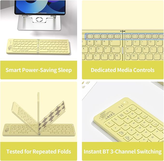 Foldable Mini Bluetooth Keyboard, Portable Compact Wireless Rechargeable Keyboard with 67 Slim Quiet Keys, Cute Pocket-Sized Travel Keyboard for iPad iPhone Android Tablet Mac Windows-Brown Coffee