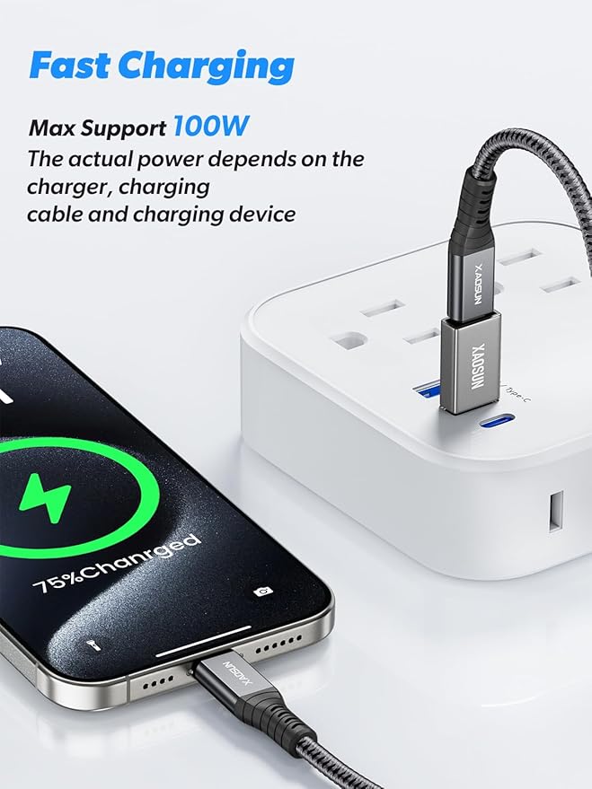 XAOSUN 10Gbps USB to USB C Adapter 3 Pack, 3.1 USBC Female to USB Male Adapter, One-Sided SuperSpeed Data Sync, 100W Fast Charging for iPhone 17/16 Plus Pro Max, Laptop, Charger, Quest Link, etc