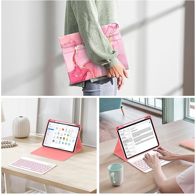 Soke for iPad (A16) 11th/10th Generation Case with Keyboard(2025/2022)-7 Color Backlight Wireless Detachable Folio Keyboard Cover with Built-in Pencil Holder for iPad 11/10.9 inch, Watermelon Marble