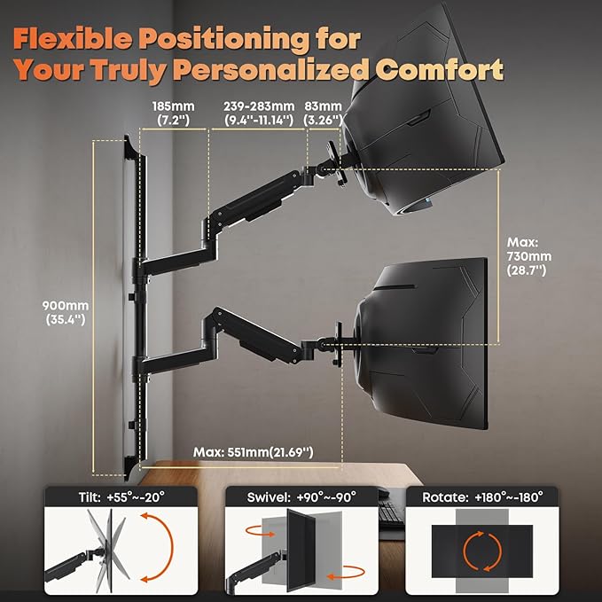 PUTORSEN Dual Monitor Wall Mount for 17-49" Ultrawide Screens,Heavy Duty Fully Adjustable Gas Spring Monitor Arm Holds 44 lbs per Arm,VESA 75/100mm,Space-Saving Desk Solution for Office &Home,Black