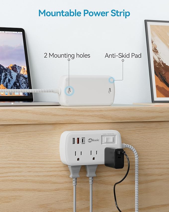 PD 20W USB C Surge Protector Power Strip, Travel Power Strip with 3 USB(1 USB C) Ports and 6 Outlets, Short Extension Cord 1 Ft, PD 20W Fast Charging Station, Wall Mount for iPad Pro iPhone Samsung