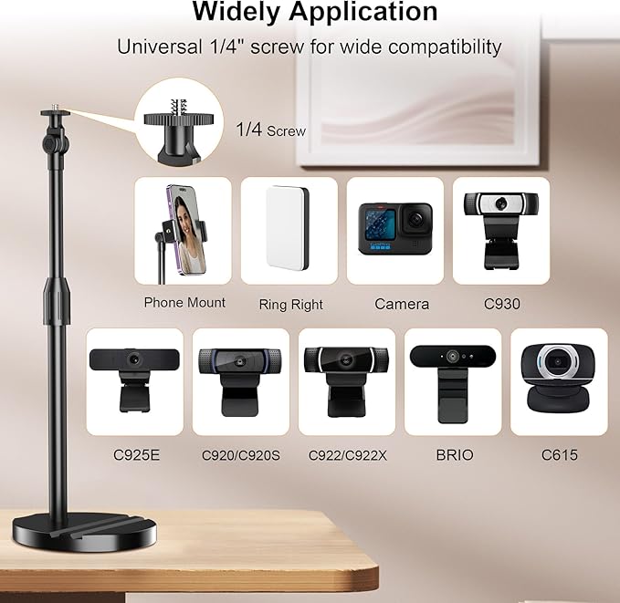 Telescopic Webcam Tripod Stand for Desk with Phone Holder, Desktop Webcam Mount Compatible with C922 C930e C920S C920 C615 C960 C920x Brio 4K, Table Phone Stand with 1/4'' Thread
