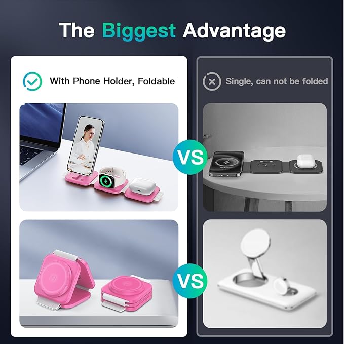 3 in 1 Magnetic Wireless Charger, Fast Charging Station for iPhone 17/16/15/14/13/12 Series, Travel Charger for Multiple Devices for AirPods 4/3/2/Pro, Charging Stand for Apple Watch Series (Pink)