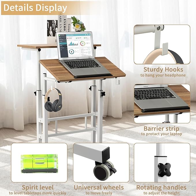 SIDUCAL Small Standing Desk, Portable Stand Up Desk, Height Adjustable Mobile Standing Table Converter with Wheels Computer Workstations, Rolling Laptop Cart for Stand or Sit, Vintage Oak