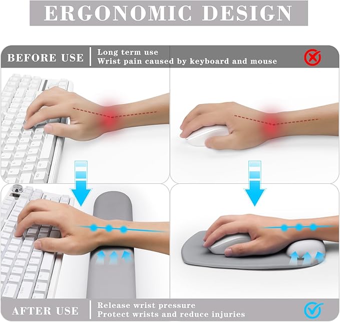 Wrist Rest for Keyboard and Mouse, Ergonomic Gel Computer Keyboard Wrist Rest with Memory Foam, Keyboard Wrist Support Pad for Long Hours of Work, Gaming, Studying-Relieve Wrist Pain (GD-Light Grey)
