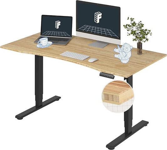 FlexiSpot E6 Bamboo 3-Stage Dual Motor 60 x 30 Electric Standing Desk Sit Stand Up Desk, Holds 220 lbs, Adjustable Height w/ Memory Presets, Solid Bamboo Curved Desktop & Black Frame, Ships in 2 Boxes