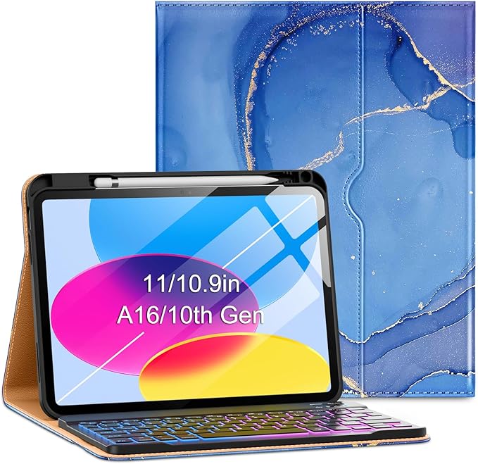 VIKESI Keyboard Case for iPad (A16,2025) 11th Generation/iPad 10th Generation Case (10.9" 2022),Premium Leather Smart Cover,Built-in Breathing Light,Function Row,Pencil Holder,Card Slots -Ocean Marble