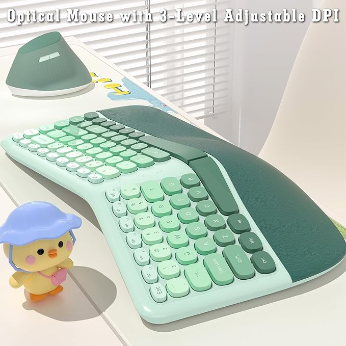 Wireless Keyboard and Mouse Combo, 84-Key Ergonomic Membrane Keyboard Curved Split Keys with Wrist Rest & 6-Key Vertical Mouse, Cordless Set for Win/Mac, Mint Green (AAA Batteries Included)