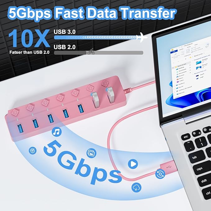 USB Hub 3.0, 7-Port USB Hub Splitter with Individual On/Off Switches and Lights, 3.2ft/1m Long Cable Compatible with MacBook, Laptop, Surface Pro, PS4, PC, Flash Drive, Mobile HDD-Pink
