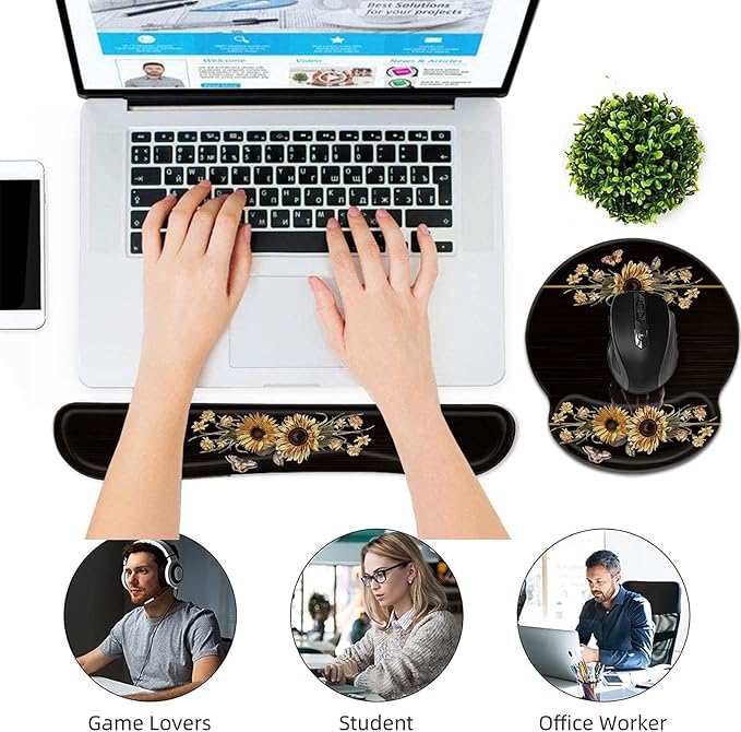 Bxgolkgd Keyboard Wrist Rest and Mouse Pad Wrist Support Set,Ergonomic Memory Foam Wrist Pad & Non Slip Base for Home Office Working Studying Easy Typing,Pain Relief,Cute Flower Cat