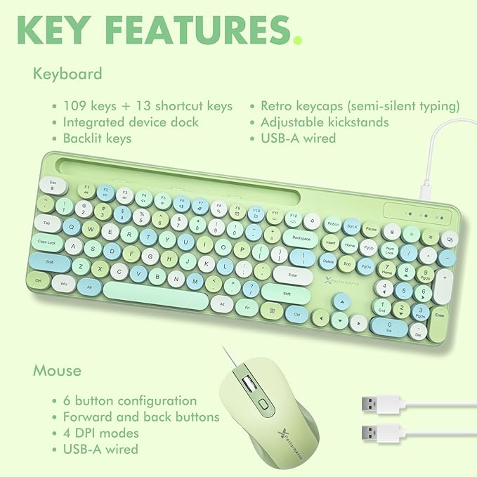 X9 Wired Keyboard and Mouse Combo with Backlight - Retro Typewriter Round Keycaps, Phone/Tablet Dock, 109 Fullsize Keys, Cute Colorful Green Keyboard, Pastel Keyboard for Laptop, PC and Chromebook