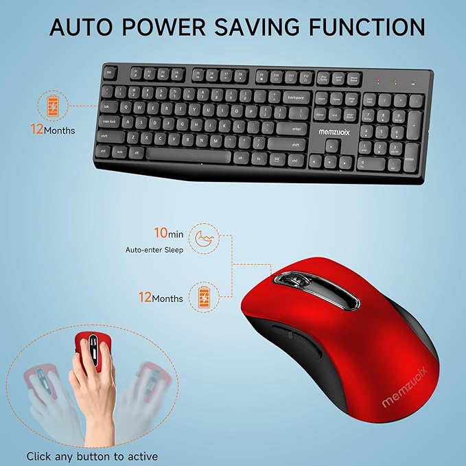 Wireless Keyboard and Mouse Combo, memzuoix 2.4G Full-Size Ergonomic Keyboard Mouse Set, Lag-Free Cordless One USB Receiver for PC, Laptop, Windows, Mac(Black Keyboard + Red Mouse)